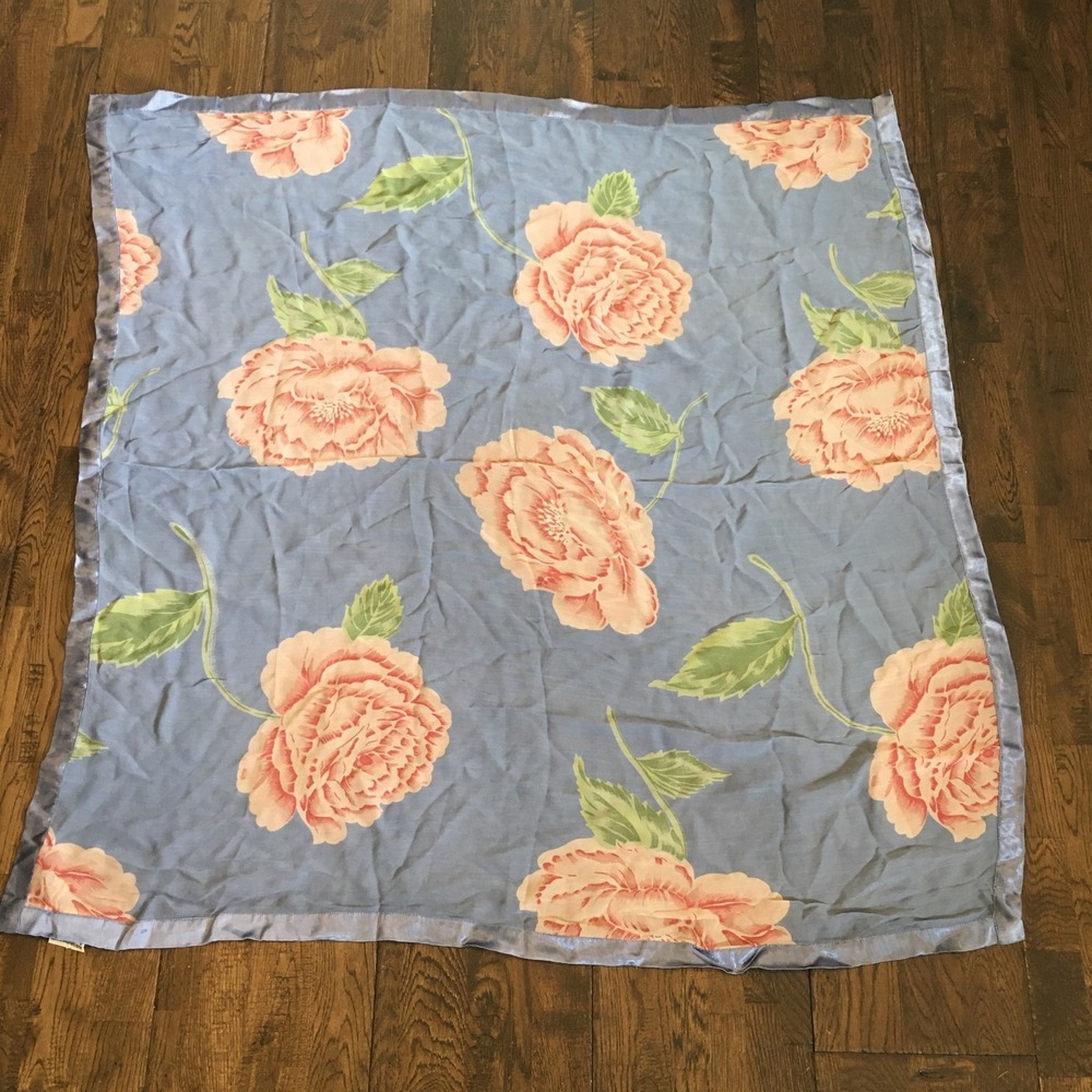 April Cornell Floral Square Scarf • Blue Mixed Media Rayon • 41” x 41” • Cottage